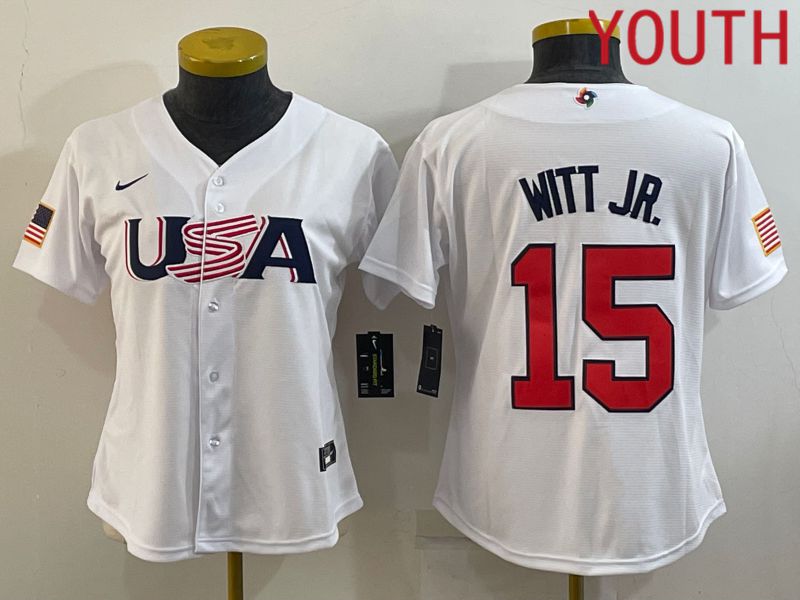 Youth 2023 World Cub USA 15 Witt jr White MLB Jersey6